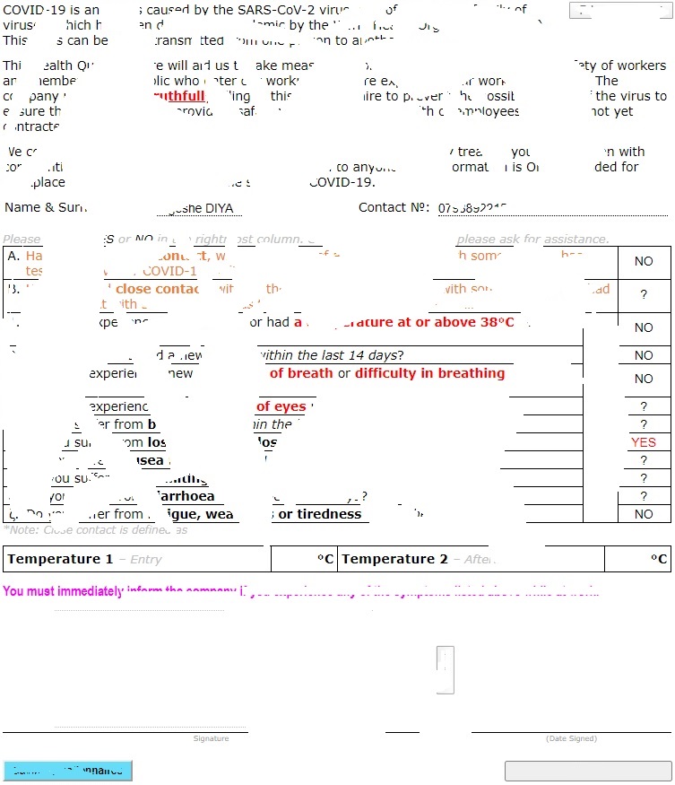 Sample COVID1-9 Symmptom Screening Questionnaire